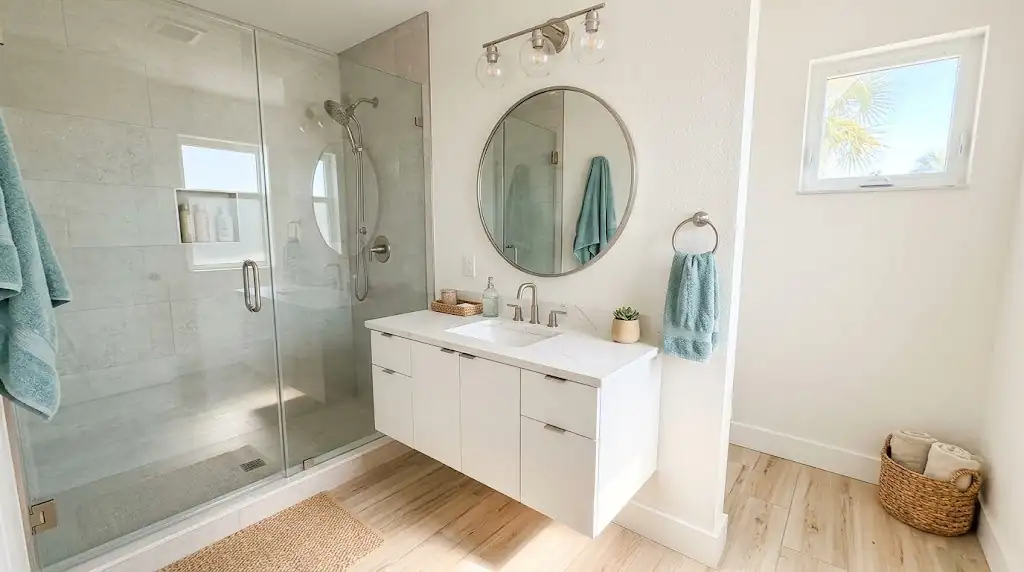 Illustration of a bright remodeled bathroom with a glass walk-in shower, representing bathroom remodeling in South Pasadena, FL