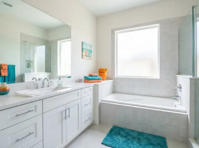 Illustration of a remodeled condo bathroom with a tub and tile surround