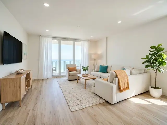 Illustration of a refreshed condo living area with new flooring and fresh paint