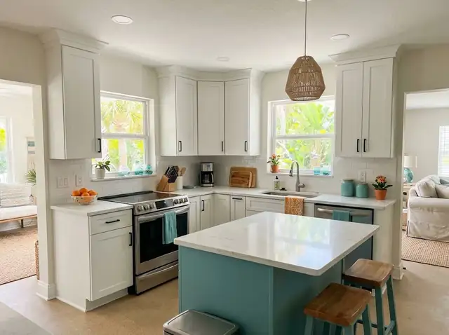 Illustration of a remodeled kitchen with white cabinets and a light quartz countertop